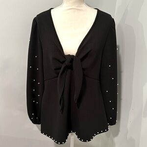 Black Blouse with tie front and Pearls on Sleeves